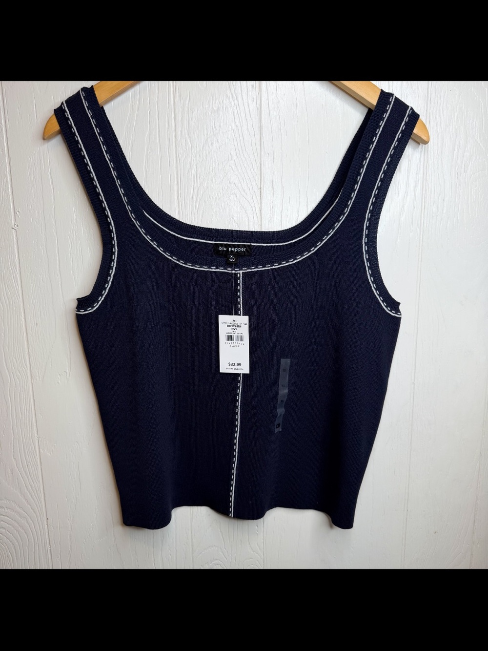 Buckle Navy Tank with White Contrast Stitching